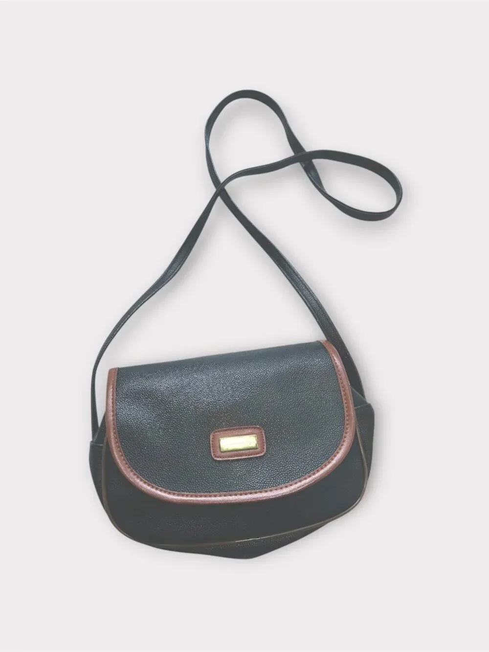Guy Laroche Paris Crossbody Handbag Snap Flap Pebbled Leather Black and Brown